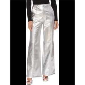 NWT Avec Les Filles Metallic Silver High Waist Crop Wide Leg Croc Embossed 10